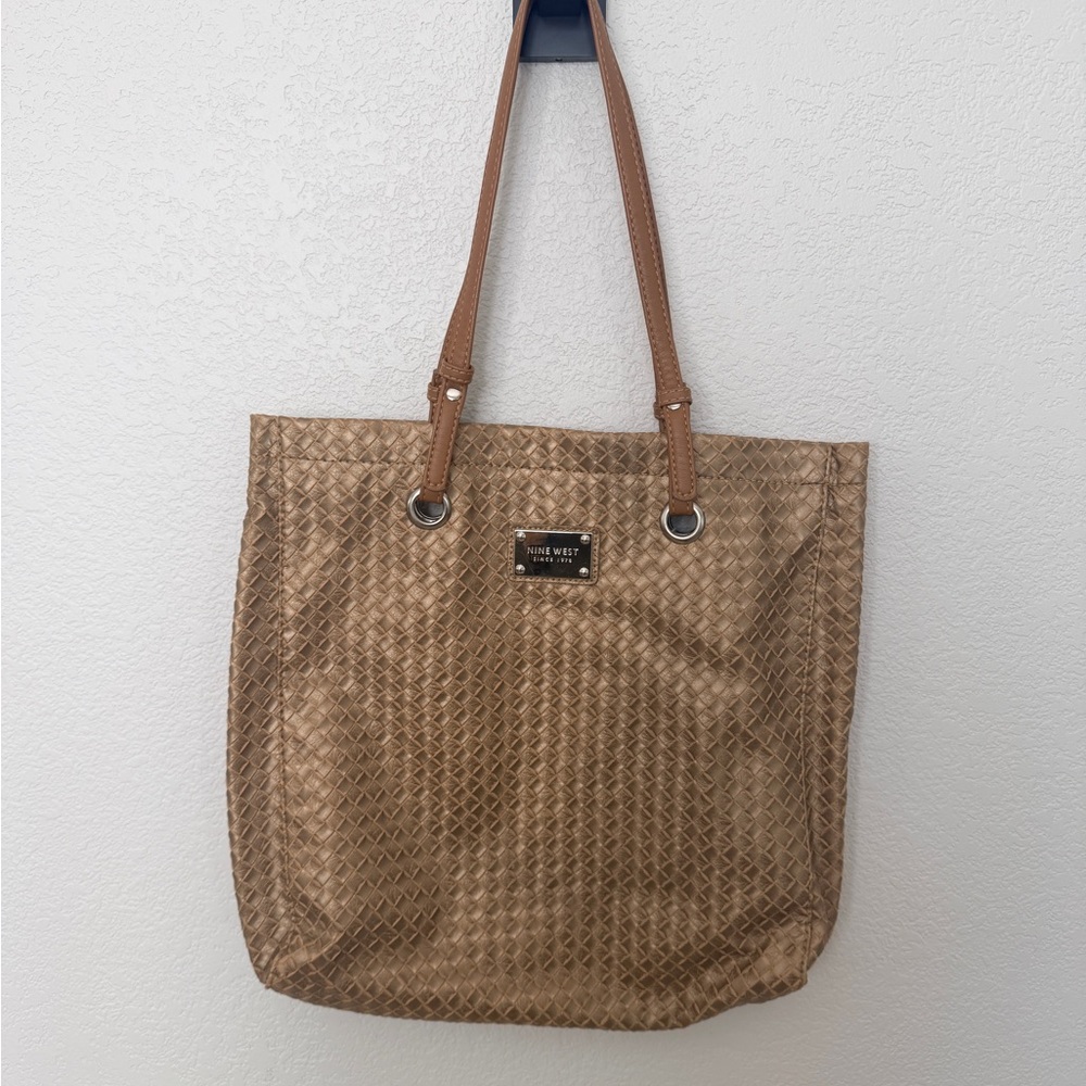 Nine West Metallic Tan Textured Woven Tote Bag